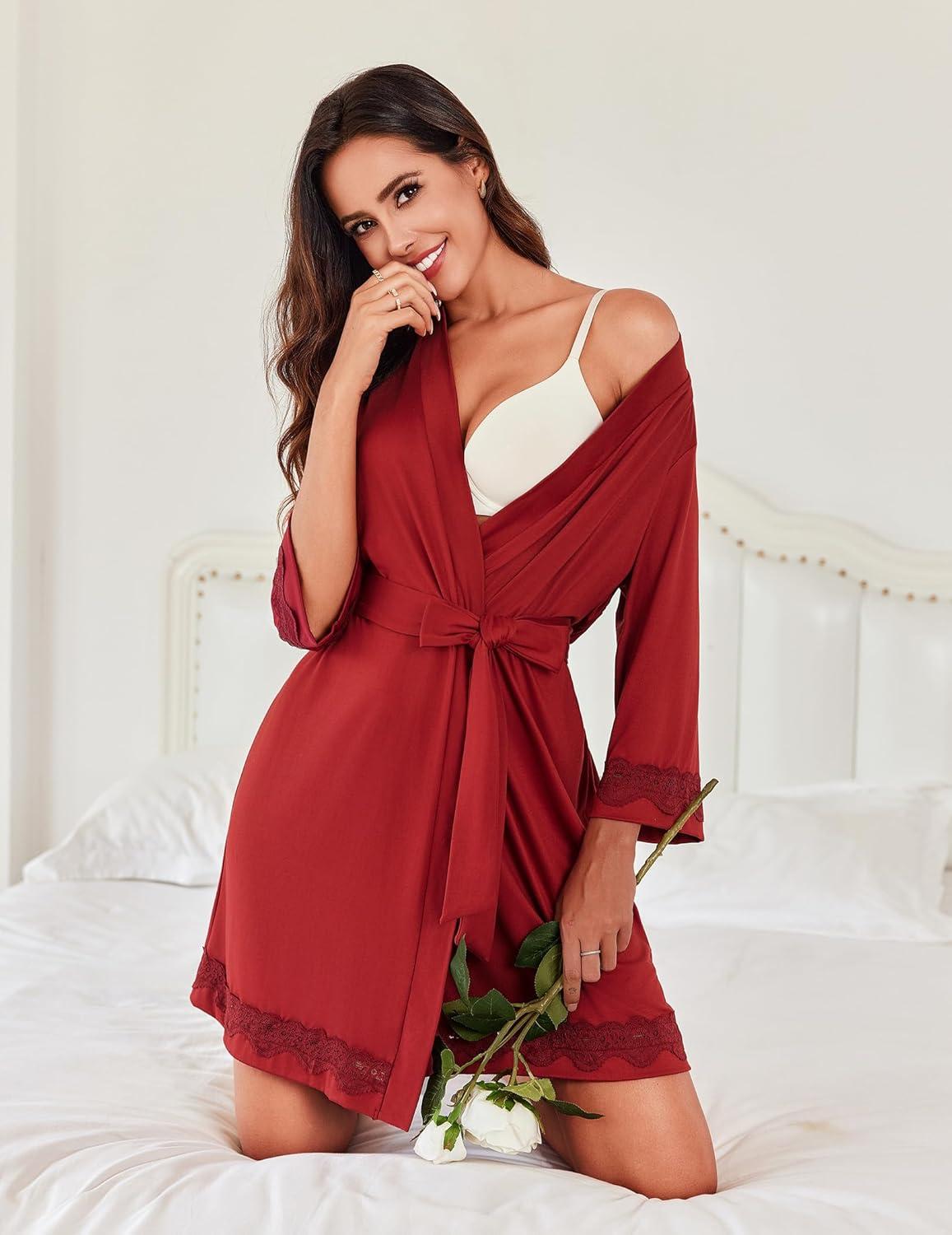 imageEkouaer Robes for Women Short Knit Bathrobe Lightweight Sexy Lace Sleepwear Soft Knee Length LoungewearWine Red