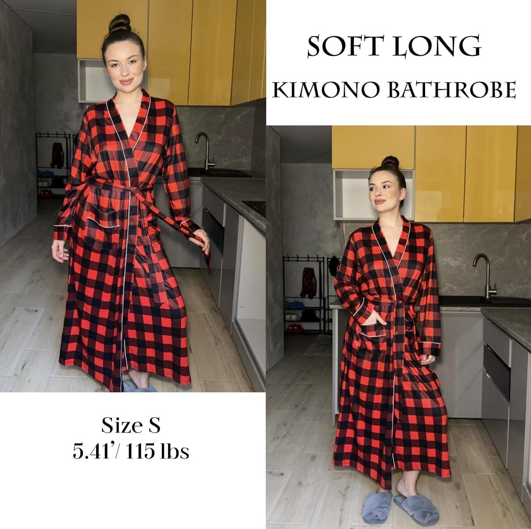 imageEkouaer Women Kimono Robes Full Length Knit Bathrobe Lightweight Soft Sleepwear Vneck Casual Ladies Loungewear SXXLBlack and Red Plaid