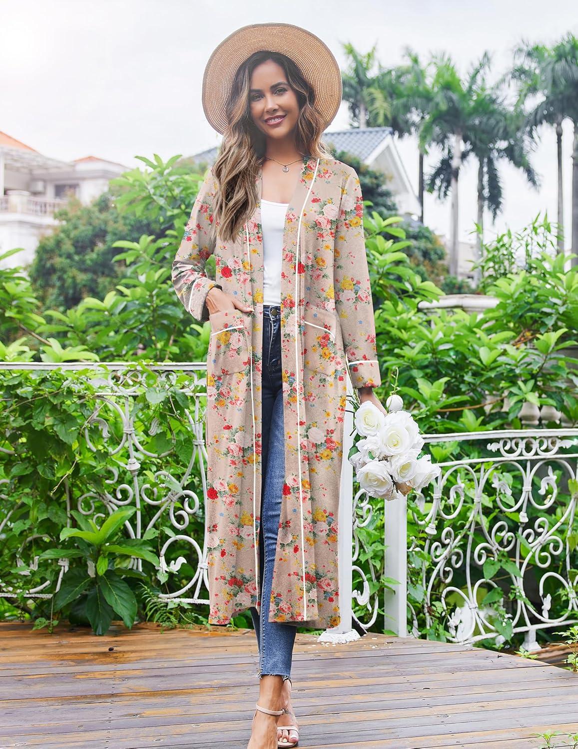 imageEkouaer Women Kimono Robes Full Length Knit Bathrobe Lightweight Soft Sleepwear Vneck Casual Ladies Loungewear SXXLFloral Beige