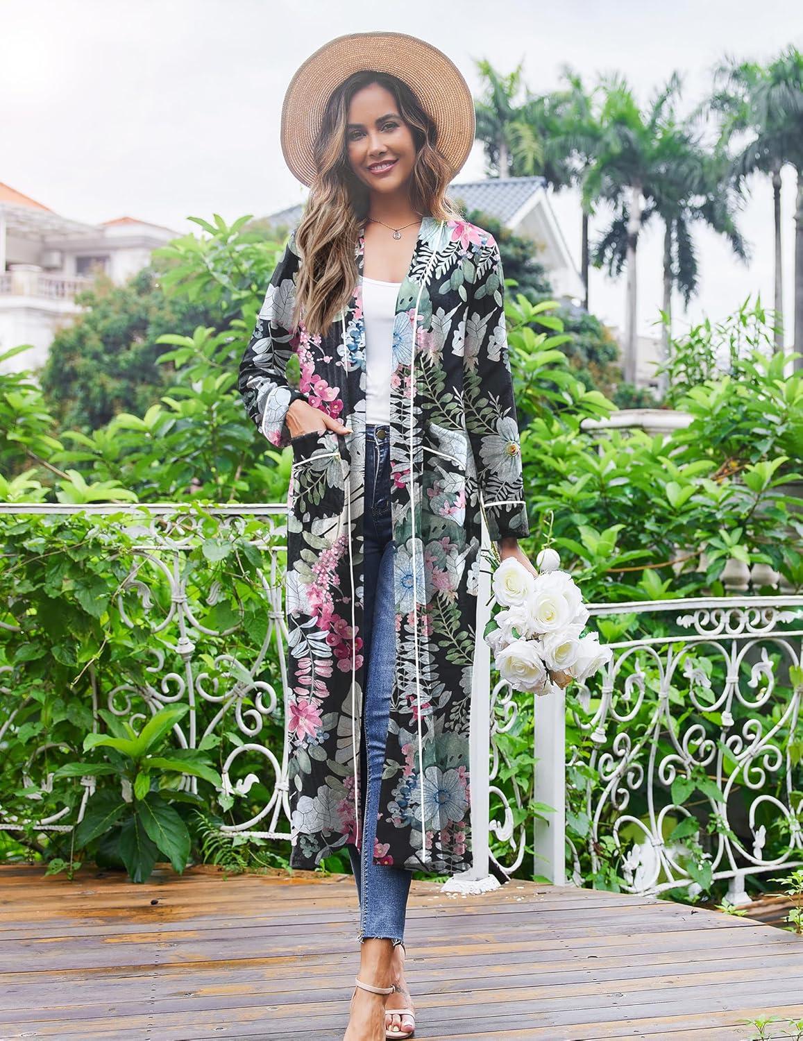 imageEkouaer Women Kimono Robes Full Length Knit Bathrobe Lightweight Soft Sleepwear Vneck Casual Ladies Loungewear SXXLFloral Black Leaves