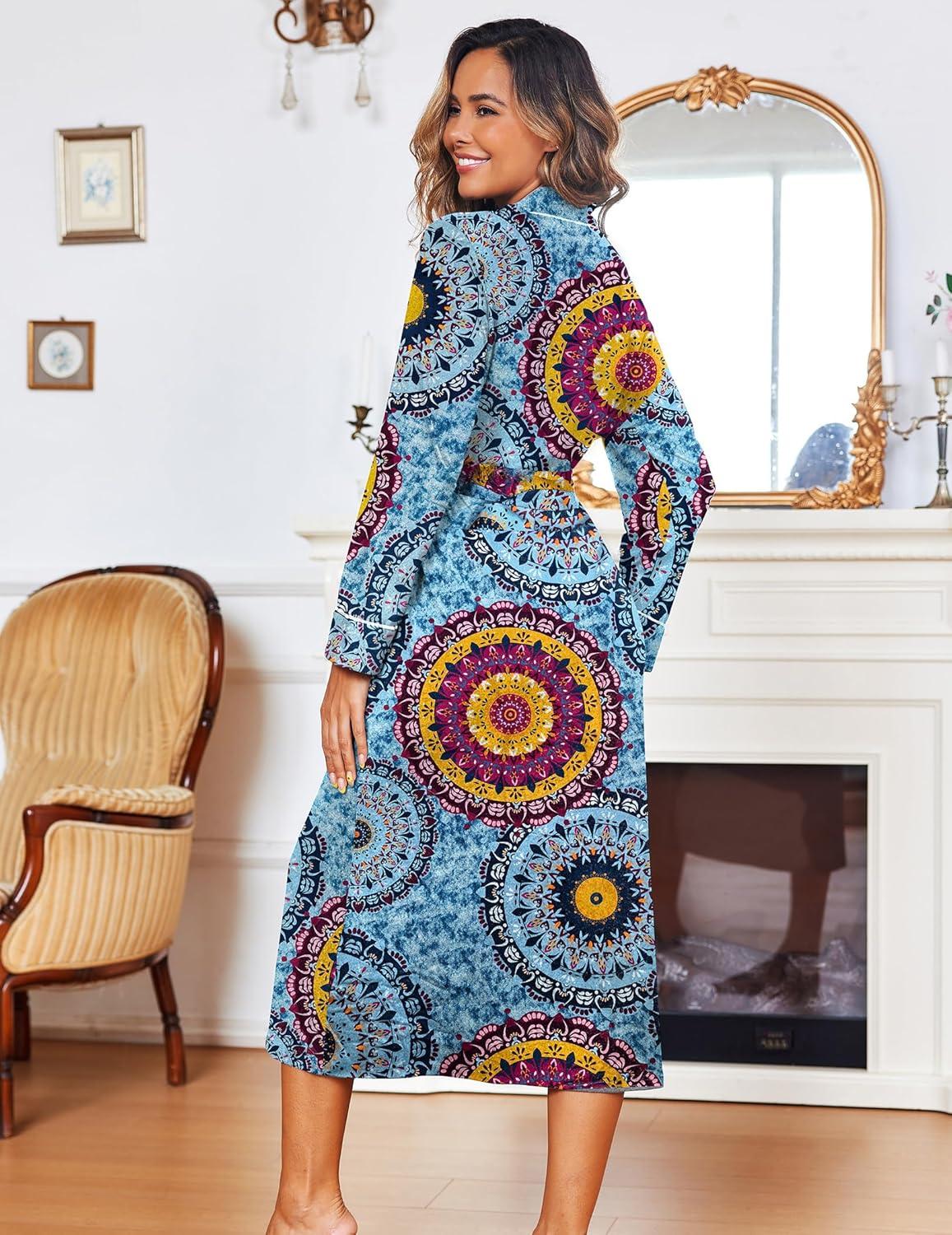 imageEkouaer Women Kimono Robes Full Length Knit Bathrobe Lightweight Soft Sleepwear Vneck Casual Ladies Loungewear SXXLFloral Mandala Blue