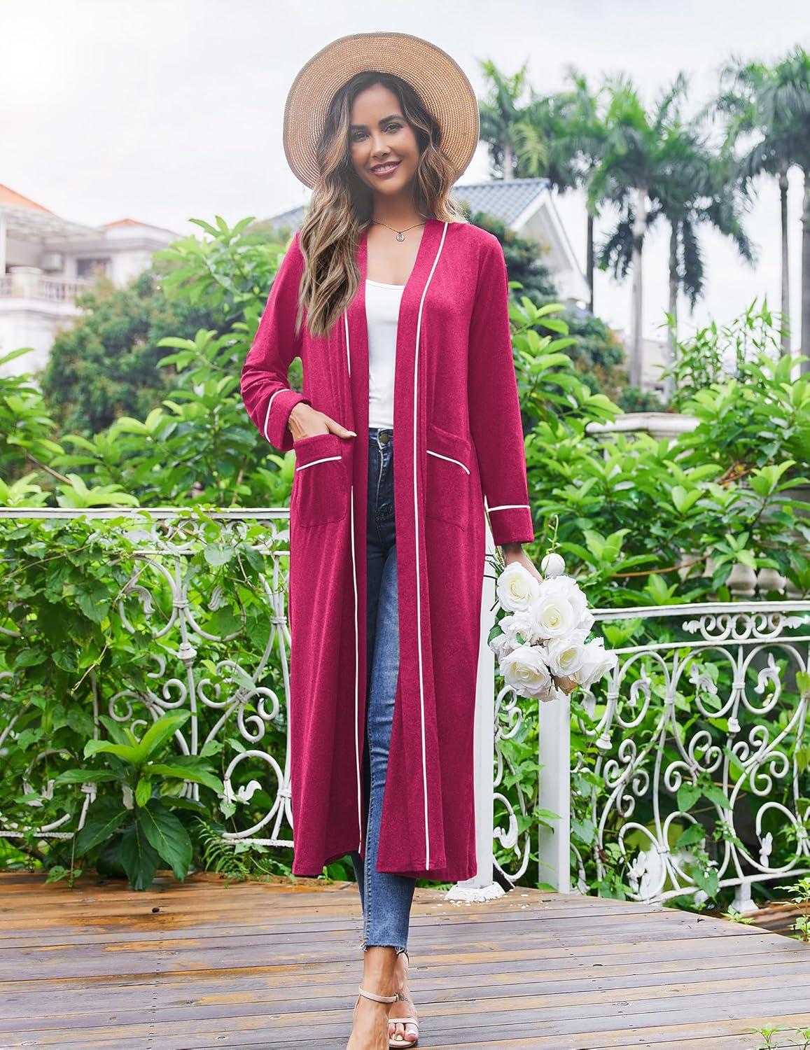 imageEkouaer Women Kimono Robes Full Length Knit Bathrobe Lightweight Soft Sleepwear Vneck Casual Ladies Loungewear SXXLHot Pink