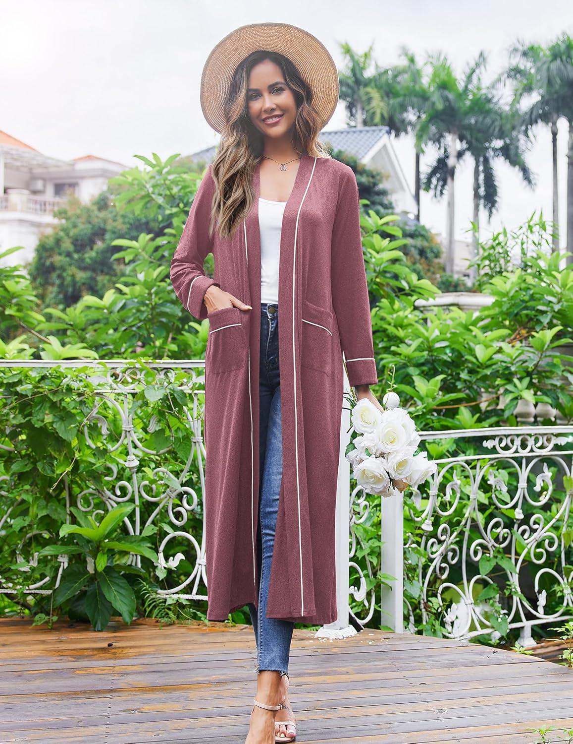 imageEkouaer Women Kimono Robes Full Length Knit Bathrobe Lightweight Soft Sleepwear Vneck Casual Ladies Loungewear SXXLPurplish Red