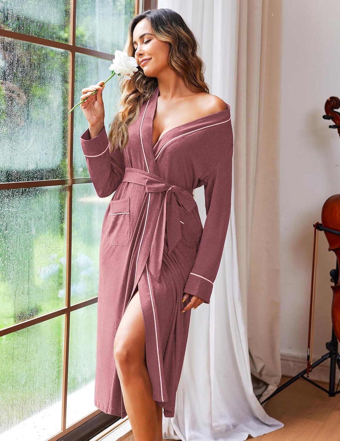 imageEkouaer Women Kimono Robes Full Length Knit Bathrobe Lightweight Soft Sleepwear Vneck Casual Ladies Loungewear SXXLPurplish Red