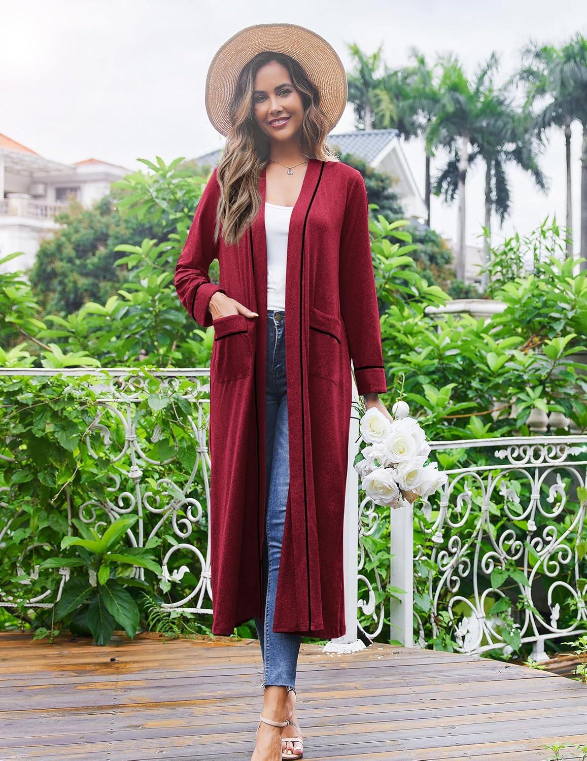 imageEkouaer Women Kimono Robes Full Length Knit Bathrobe Lightweight Soft Sleepwear Vneck Casual Ladies Loungewear SXXLWine Red