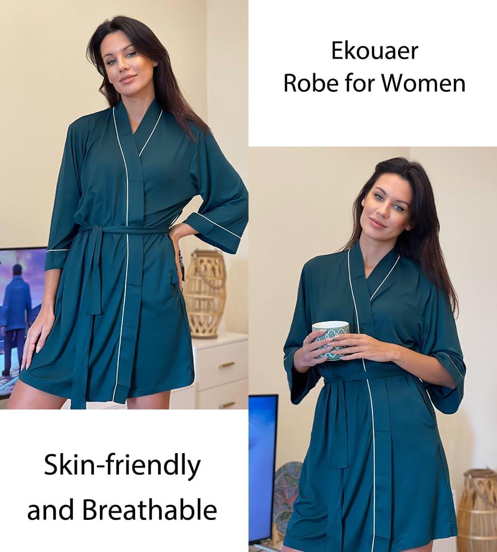 imageEkouaer Women Kimono Robes Knee Length Knit Bathrobe Lightweight Soft Sleepwear Vneck Casual Ladies Loungewear1dark Green