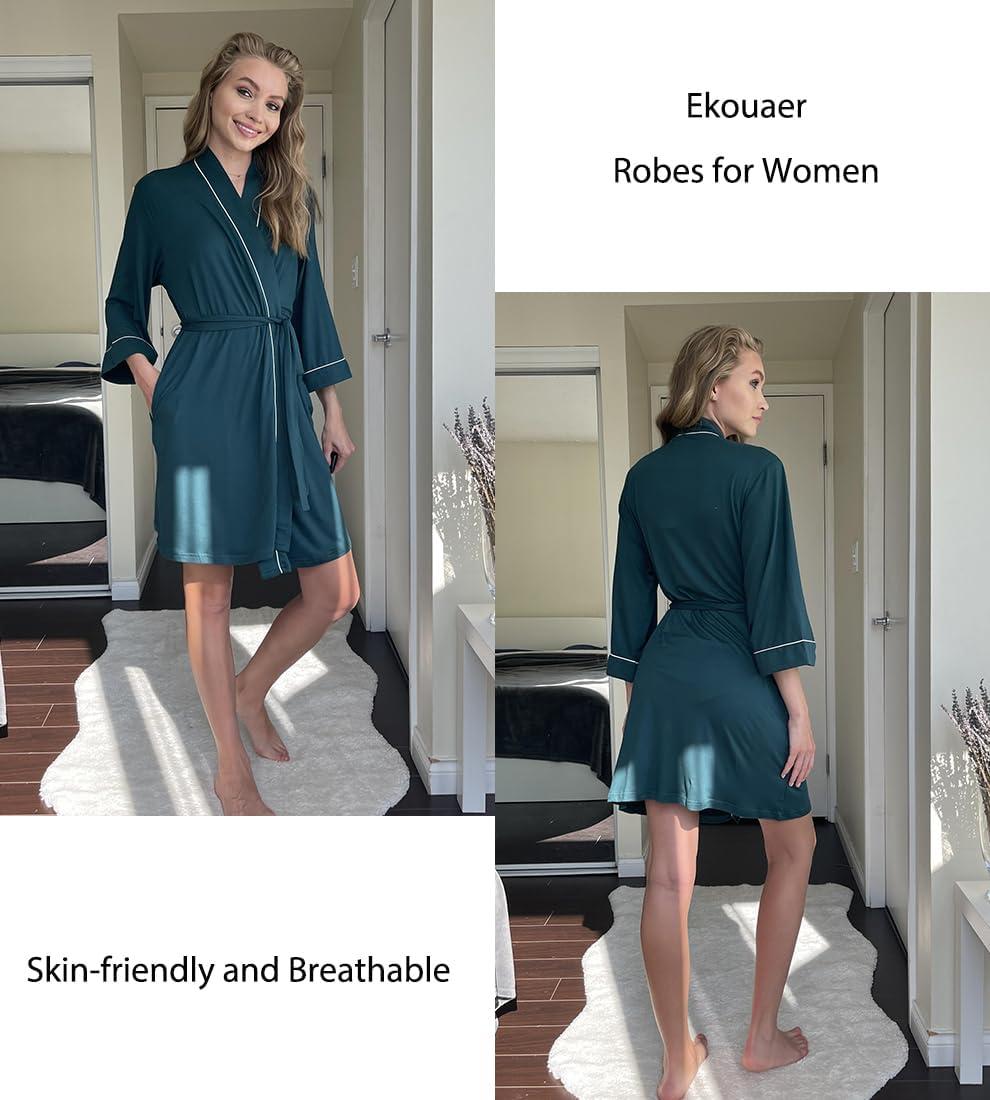 imageEkouaer Women Kimono Robes Knee Length Knit Bathrobe Lightweight Soft Sleepwear Vneck Casual Ladies Loungewear1dark Green