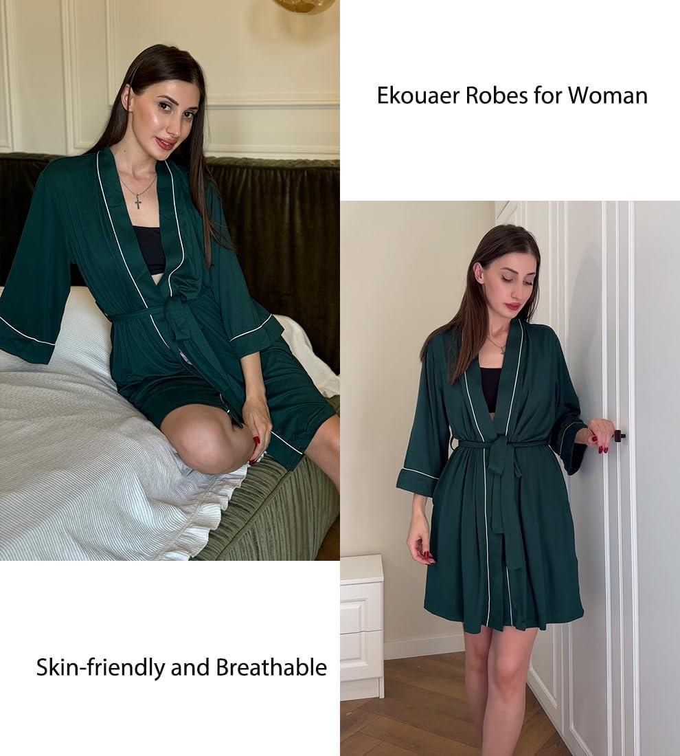 imageEkouaer Women Kimono Robes Knee Length Knit Bathrobe Lightweight Soft Sleepwear Vneck Casual Ladies Loungewear1dark Green