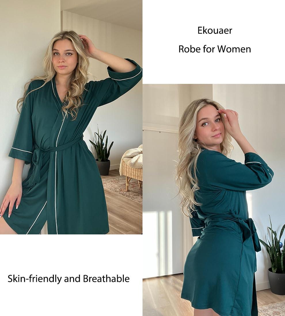 imageEkouaer Women Kimono Robes Knee Length Knit Bathrobe Lightweight Soft Sleepwear Vneck Casual Ladies Loungewear1dark Green