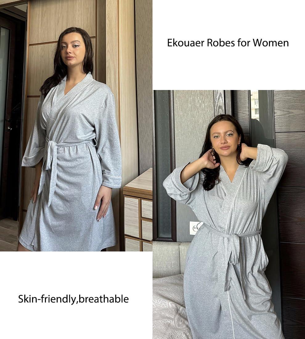 imageEkouaer Women Kimono Robes Knee Length Knit Bathrobe Lightweight Soft Sleepwear Vneck Casual Ladies Loungewear1light Gray