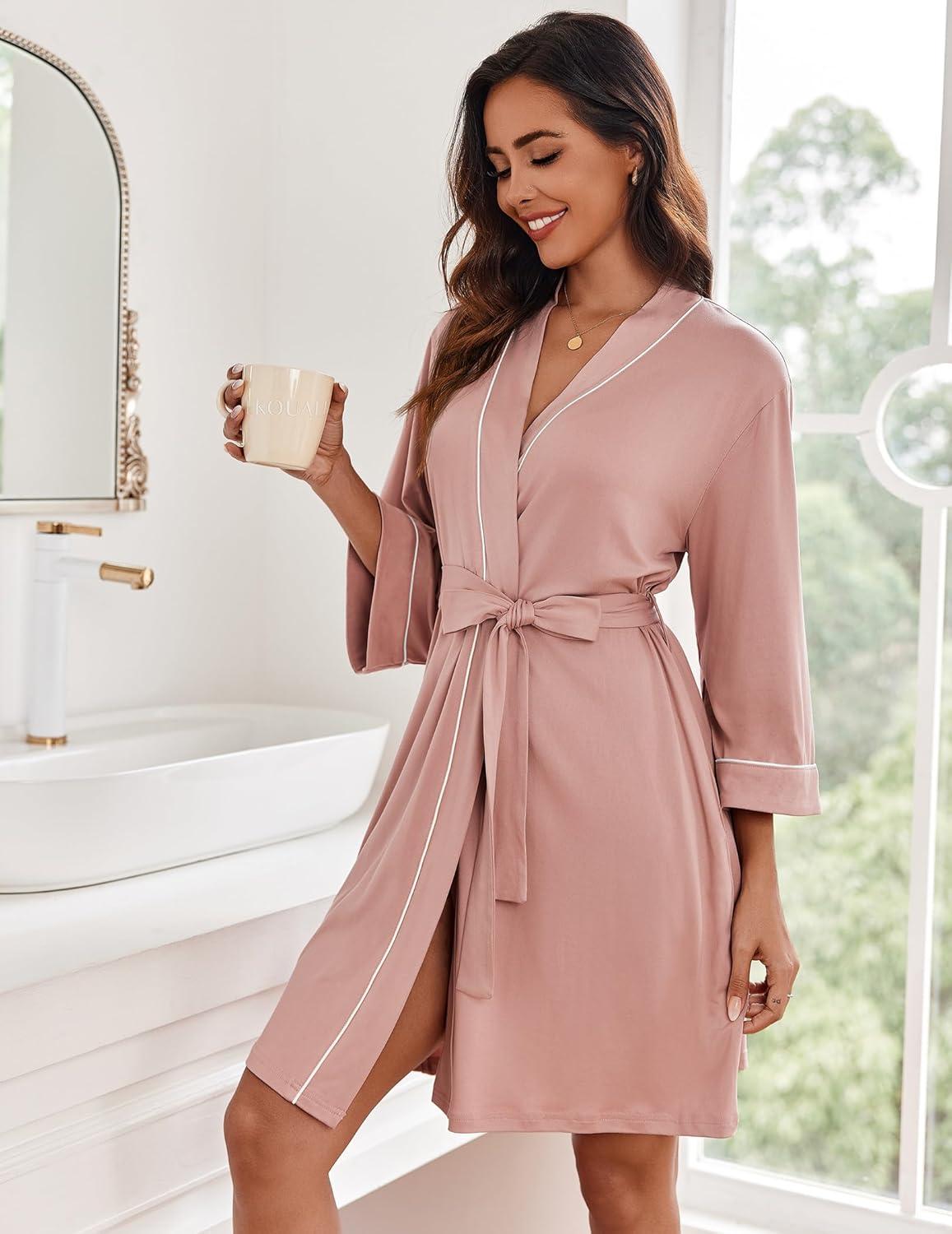 imageEkouaer Women Kimono Robes Knee Length Knit Bathrobe Lightweight Soft Sleepwear Vneck Casual Ladies Loungewear1misty Rose