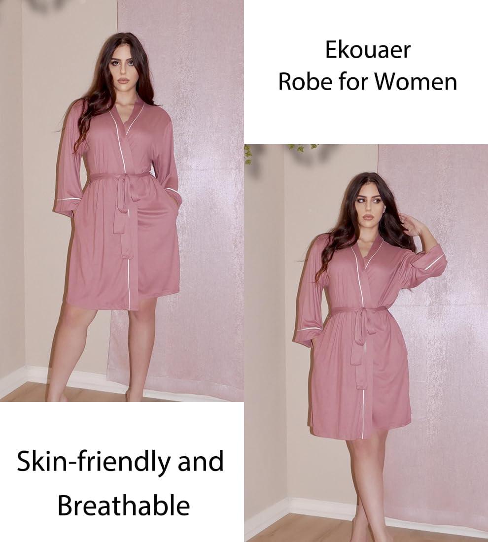 imageEkouaer Women Kimono Robes Knee Length Knit Bathrobe Lightweight Soft Sleepwear Vneck Casual Ladies Loungewear1misty Rose