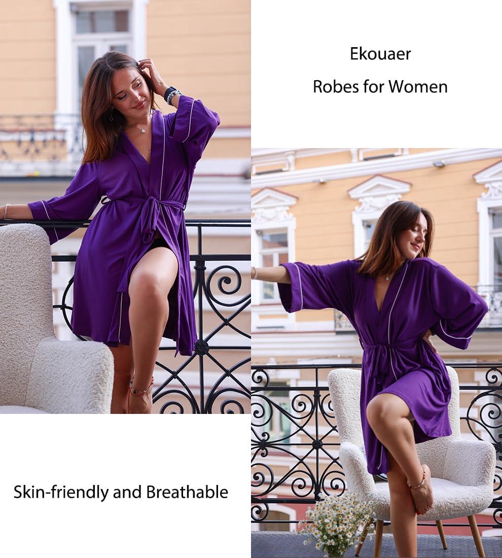 imageEkouaer Women Kimono Robes Knee Length Knit Bathrobe Lightweight Soft Sleepwear Vneck Casual Ladies Loungewear1purple