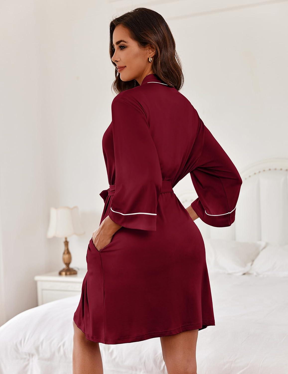 imageEkouaer Women Kimono Robes Knee Length Knit Bathrobe Lightweight Soft Sleepwear Vneck Casual Ladies Loungewear1wine Red