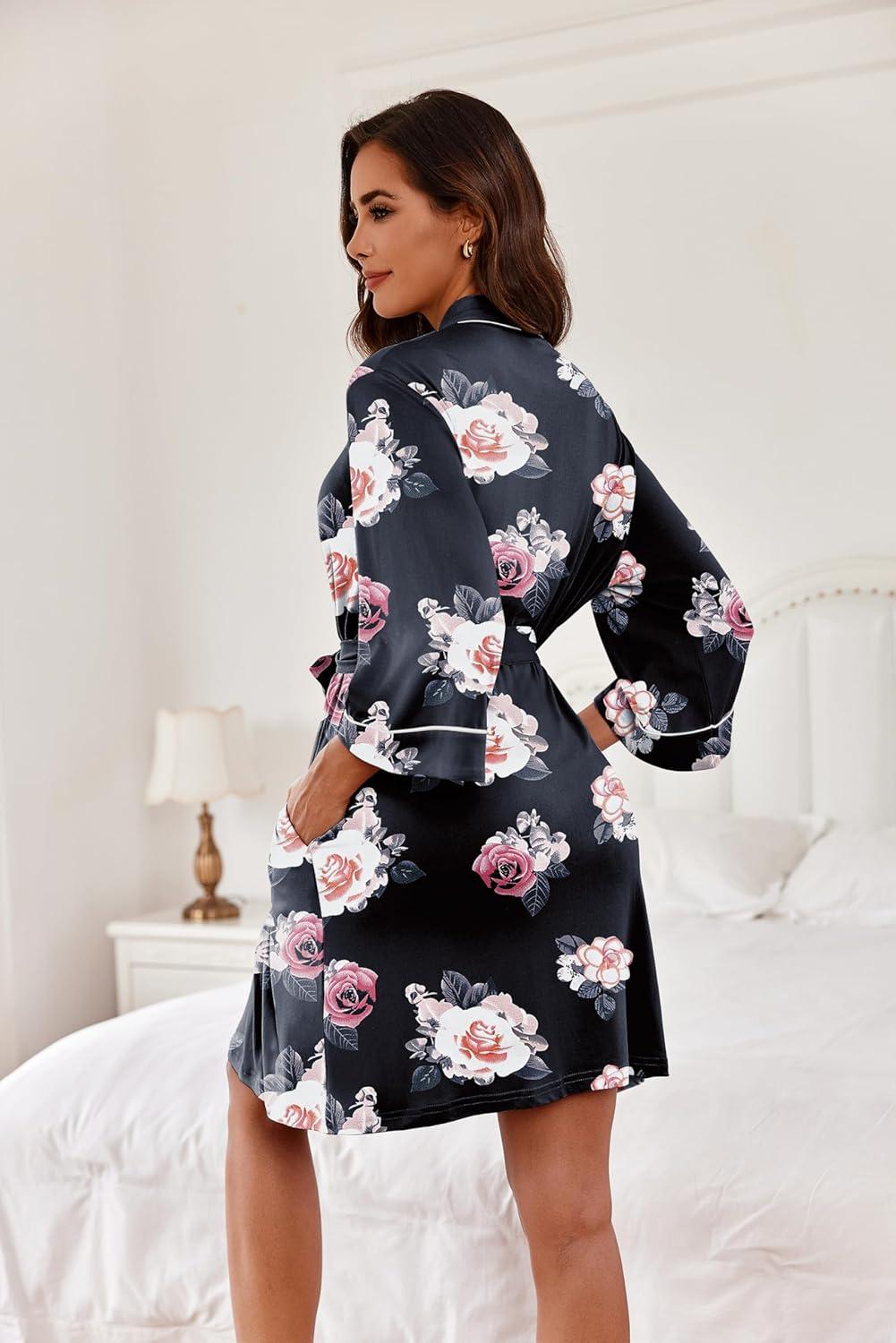 imageEkouaer Women Kimono Robes Knee Length Knit Bathrobe Lightweight Soft Sleepwear Vneck Casual Ladies LoungewearBlack Floral