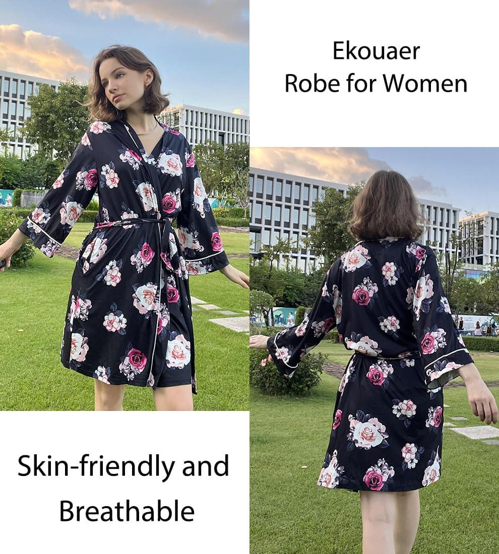 imageEkouaer Women Kimono Robes Knee Length Knit Bathrobe Lightweight Soft Sleepwear Vneck Casual Ladies LoungewearBlack Floral