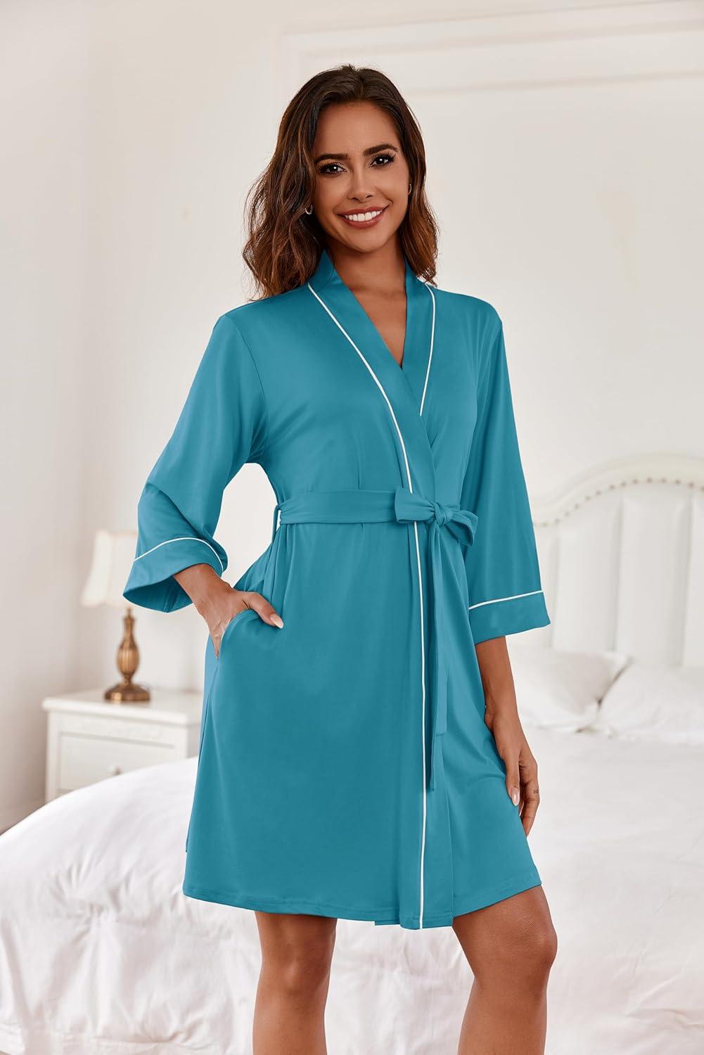 imageEkouaer Women Kimono Robes Knee Length Knit Bathrobe Lightweight Soft Sleepwear Vneck Casual Ladies LoungewearBlue Green