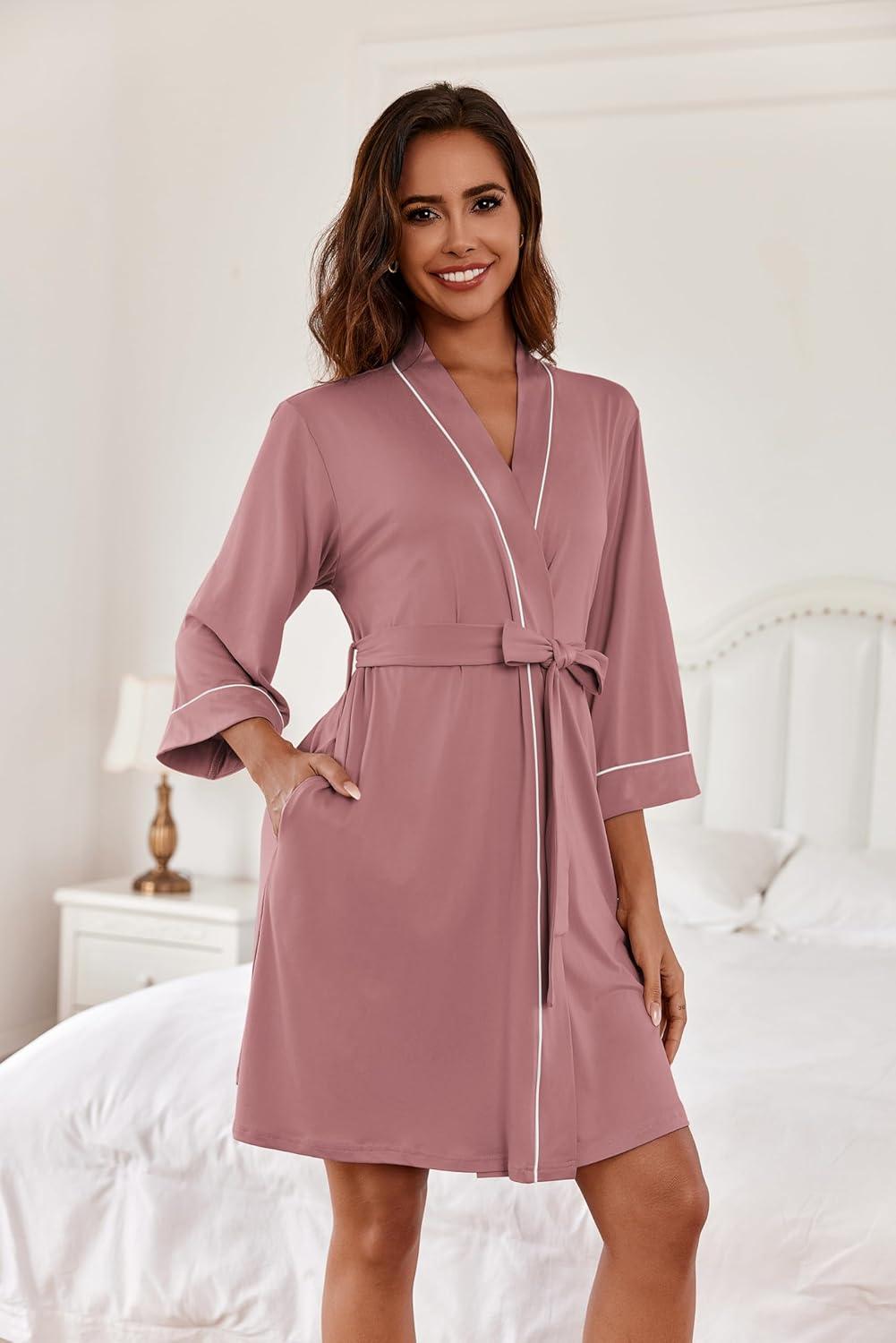 imageEkouaer Women Kimono Robes Knee Length Knit Bathrobe Lightweight Soft Sleepwear Vneck Casual Ladies LoungewearGray Purple