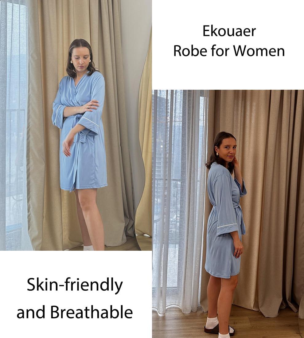 imageEkouaer Women Kimono Robes Knee Length Knit Bathrobe Lightweight Soft Sleepwear Vneck Casual Ladies LoungewearLight Blue