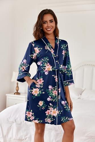imageEkouaer Women Kimono Robes Knee Length Knit Bathrobe Lightweight Soft Sleepwear Vneck Casual Ladies LoungewearNavy Blue Floral