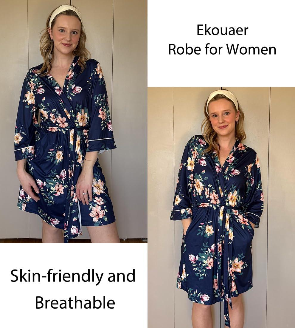 imageEkouaer Women Kimono Robes Knee Length Knit Bathrobe Lightweight Soft Sleepwear Vneck Casual Ladies LoungewearNavy Blue Floral