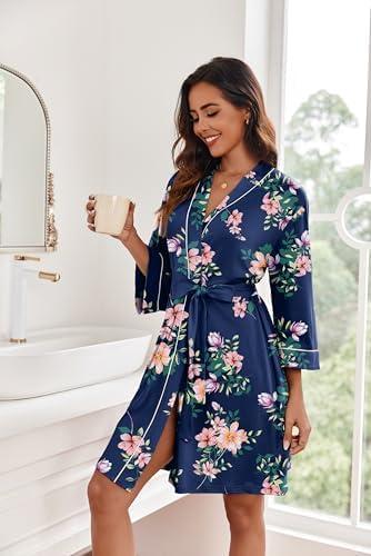 imageEkouaer Women Kimono Robes Knee Length Knit Bathrobe Lightweight Soft Sleepwear Vneck Casual Ladies LoungewearNavy Blue Floral