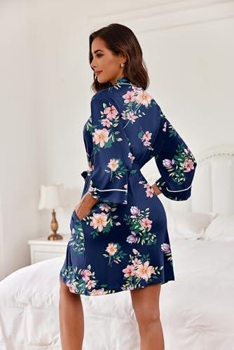 imageEkouaer Women Kimono Robes Knee Length Knit Bathrobe Lightweight Soft Sleepwear Vneck Casual Ladies LoungewearNavy Blue Floral