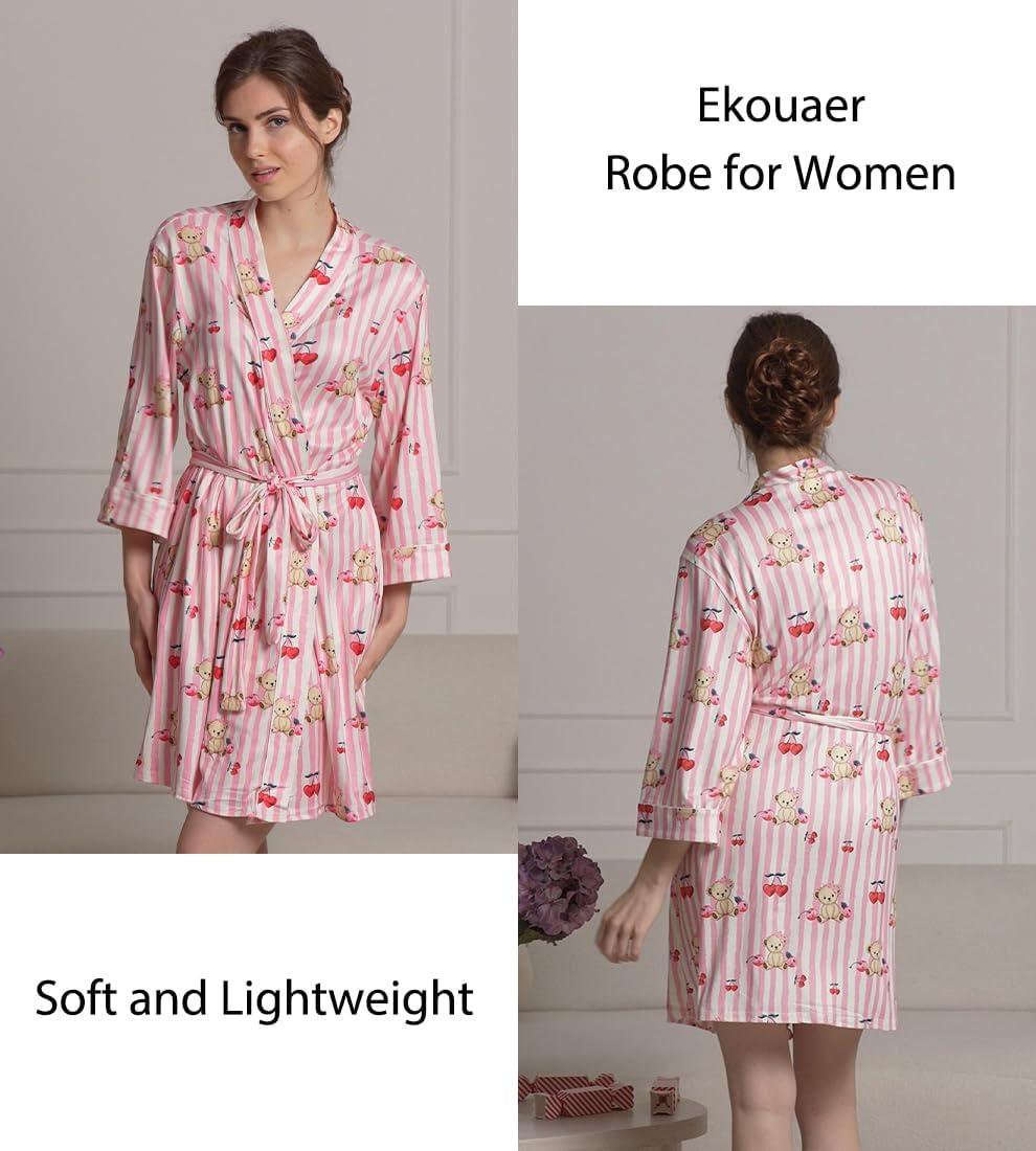 imageEkouaer Women Kimono Robes Knee Length Knit Bathrobe Lightweight Soft Sleepwear Vneck Casual Ladies LoungewearPink Striped Teddy Bear