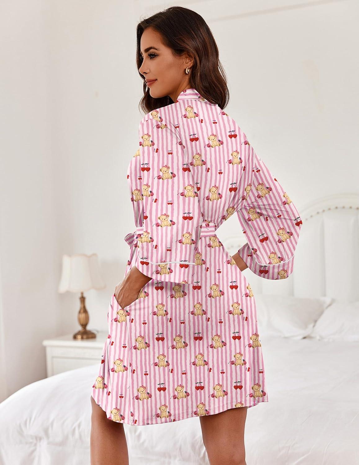 imageEkouaer Women Kimono Robes Knee Length Knit Bathrobe Lightweight Soft Sleepwear Vneck Casual Ladies LoungewearPink Striped Teddy Bear