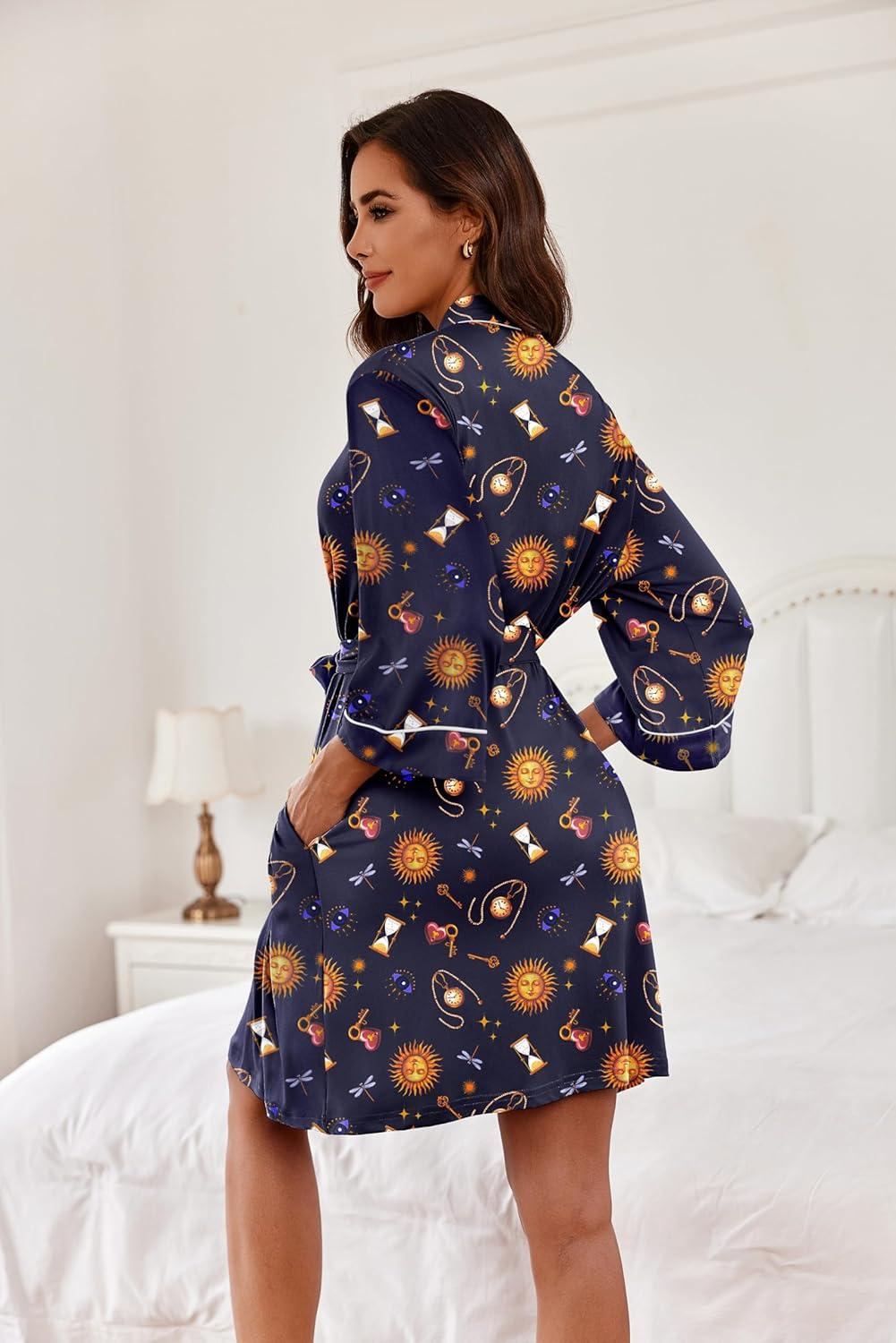 imageEkouaer Women Kimono Robes Knee Length Knit Bathrobe Lightweight Soft Sleepwear Vneck Casual Ladies LoungewearSun God