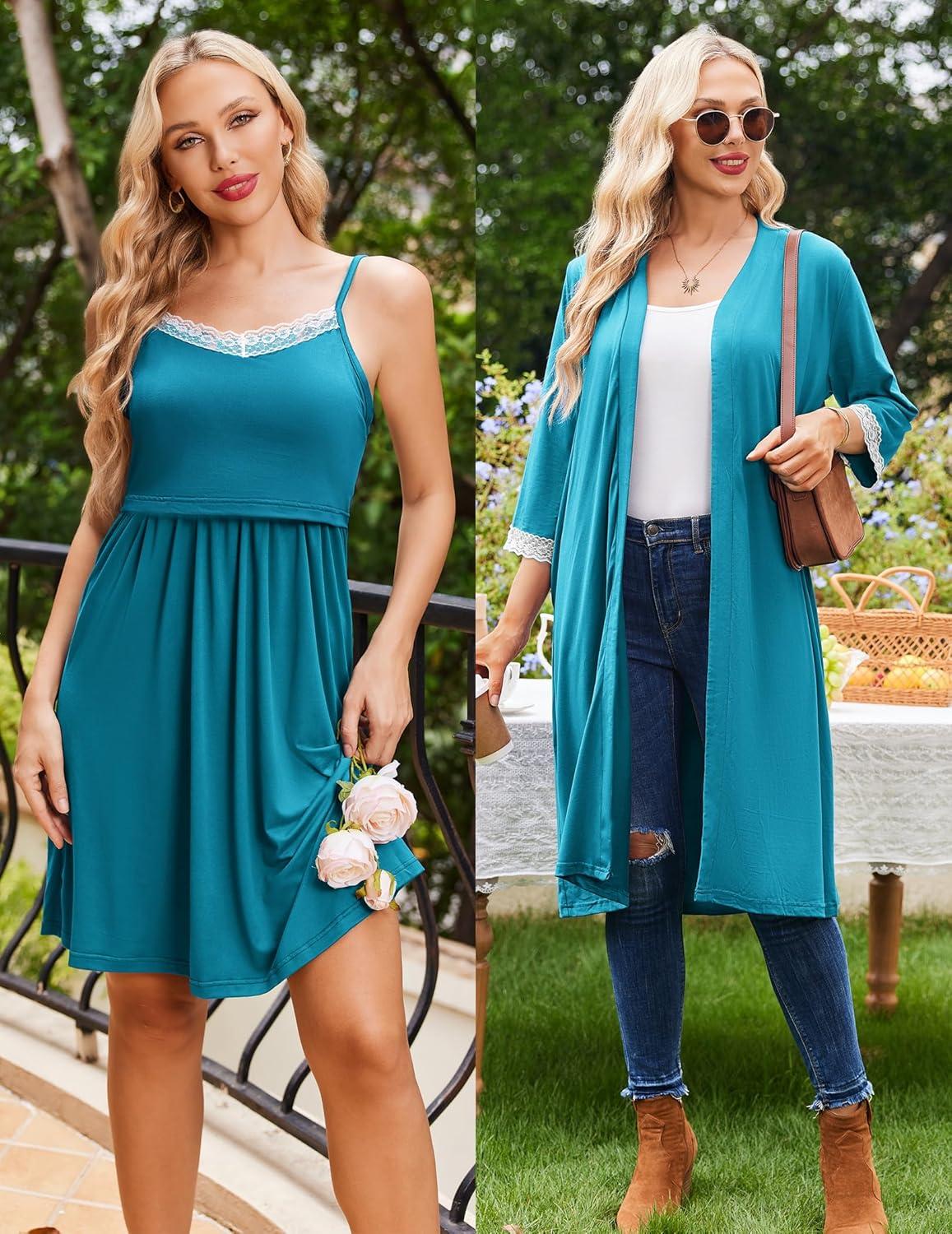 imageEkouaer Women Lace Maternity Nursing Gown and 34 Sleeve Robe Set Double Layer Breastfeeding Nightgown Slip Dress amp BathrobeBlue Green