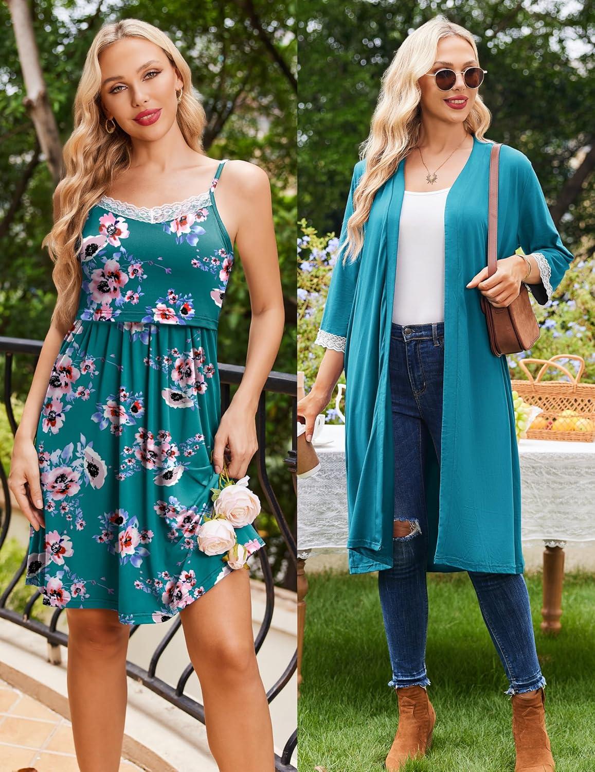 imageEkouaer Women Lace Maternity Nursing Gown and 34 Sleeve Robe Set Double Layer Breastfeeding Nightgown Slip Dress amp BathrobeBlue Green Floral