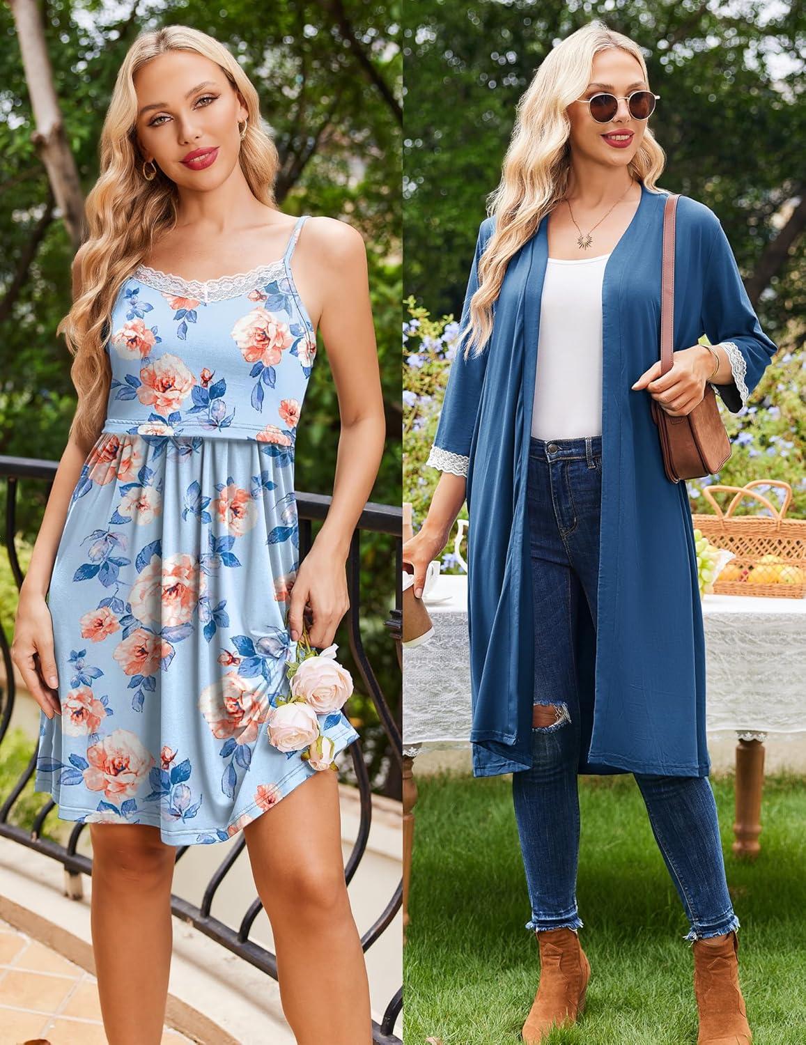 imageEkouaer Women Lace Maternity Nursing Gown and 34 Sleeve Robe Set Double Layer Breastfeeding Nightgown Slip Dress amp BathrobeDark Blue Floral