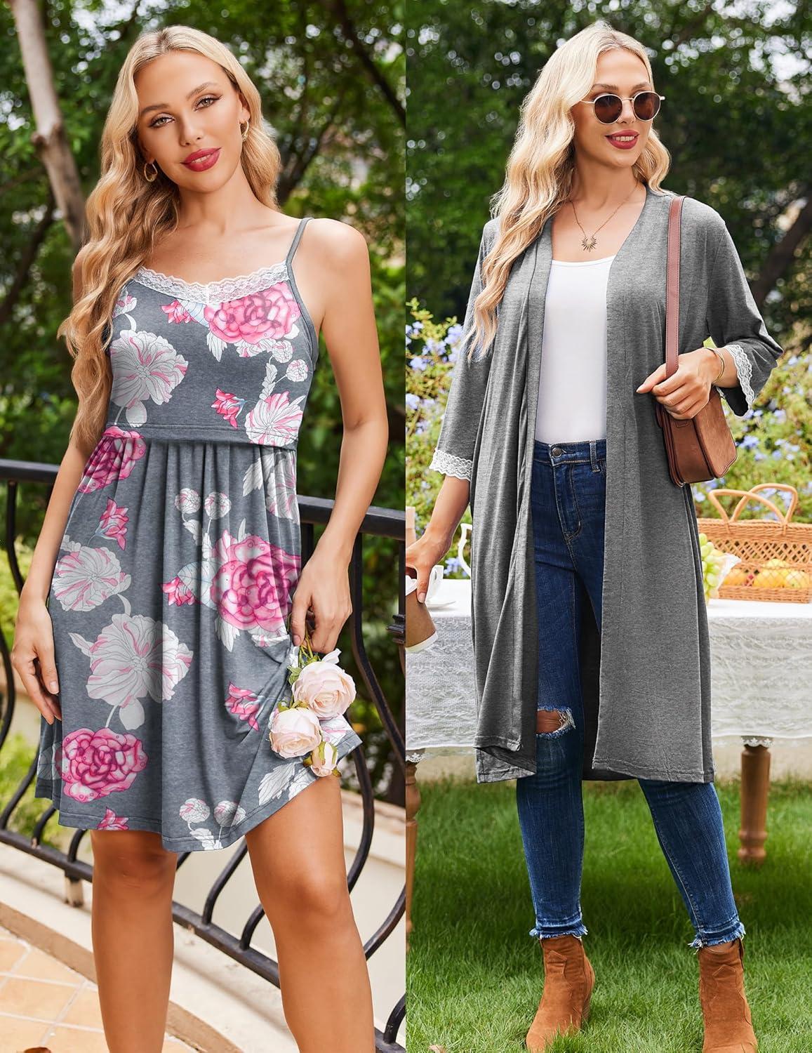 imageEkouaer Women Lace Maternity Nursing Gown and 34 Sleeve Robe Set Double Layer Breastfeeding Nightgown Slip Dress amp BathrobeDark Grey Floral