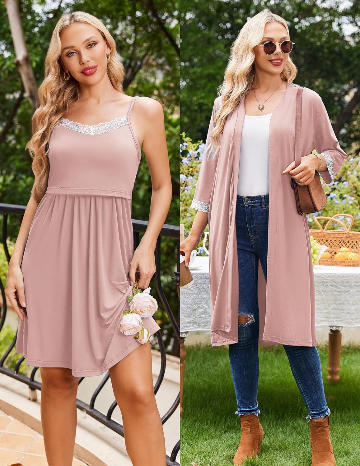 imageEkouaer Women Lace Maternity Nursing Gown and 34 Sleeve Robe Set Double Layer Breastfeeding Nightgown Slip Dress amp BathrobeDirty Pink