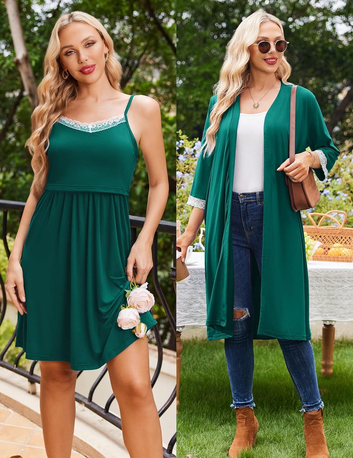 imageEkouaer Women Lace Maternity Nursing Gown and 34 Sleeve Robe Set Double Layer Breastfeeding Nightgown Slip Dress amp BathrobeLake Green
