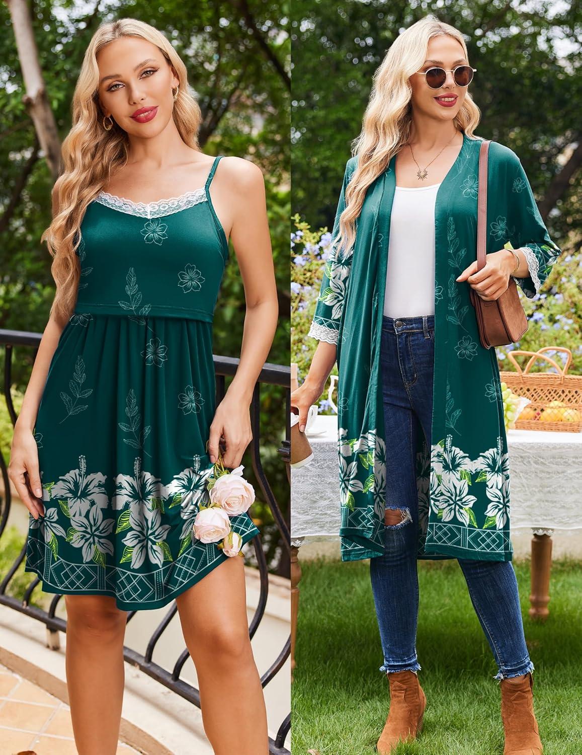 imageEkouaer Women Lace Maternity Nursing Gown and 34 Sleeve Robe Set Double Layer Breastfeeding Nightgown Slip Dress amp BathrobeLake Green Floral