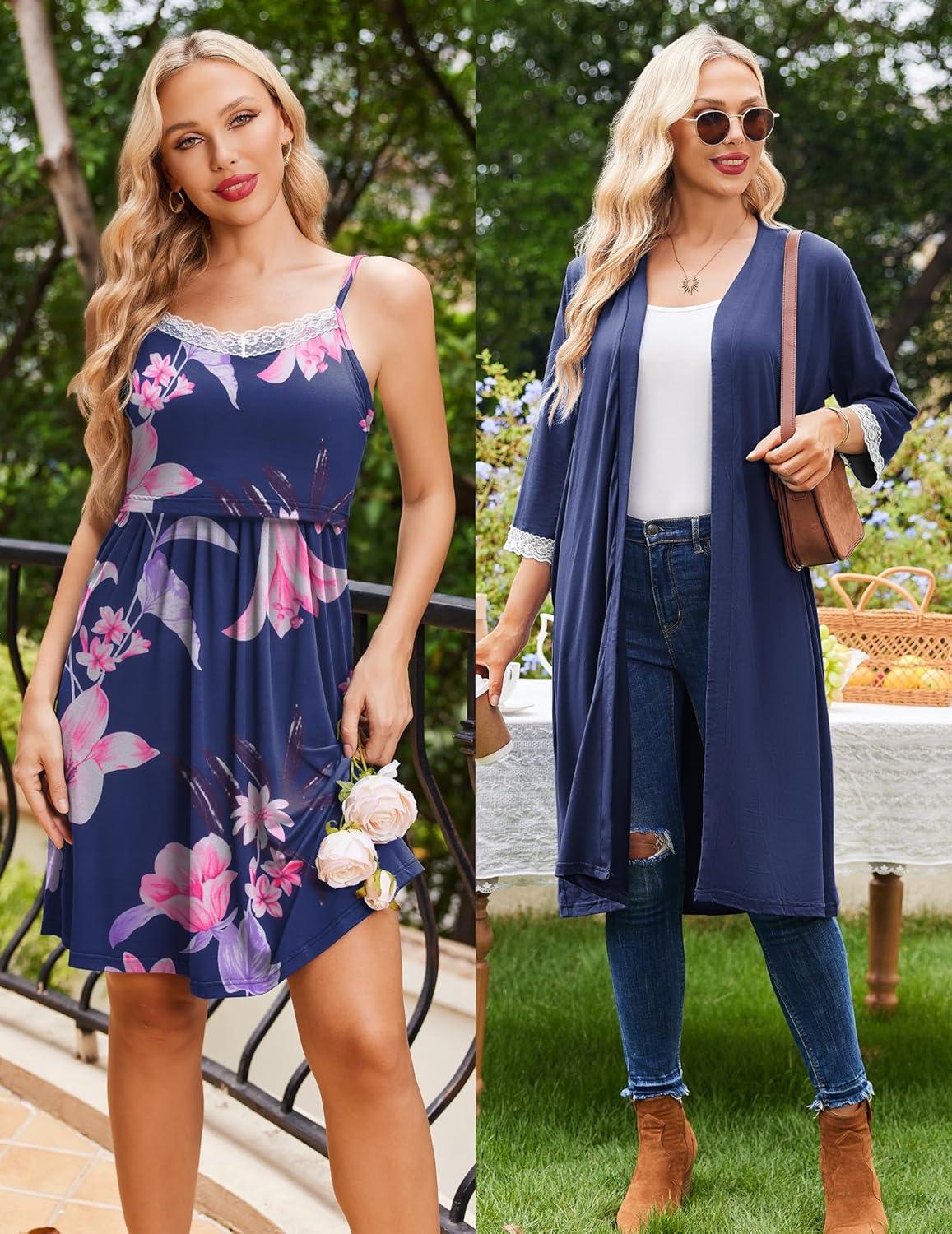 imageEkouaer Women Lace Maternity Nursing Gown and 34 Sleeve Robe Set Double Layer Breastfeeding Nightgown Slip Dress amp BathrobeNavy Blue Floral
