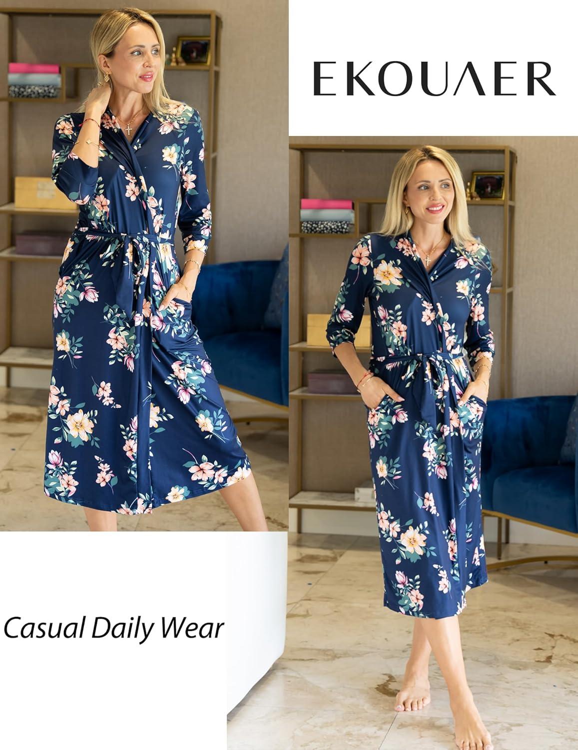 imageEkouaer Women Robes Long Knit Bathrobe Lightweight Soft Kimono Robes Casual Ladies Loungewear with Pockets01navy Blue Floral