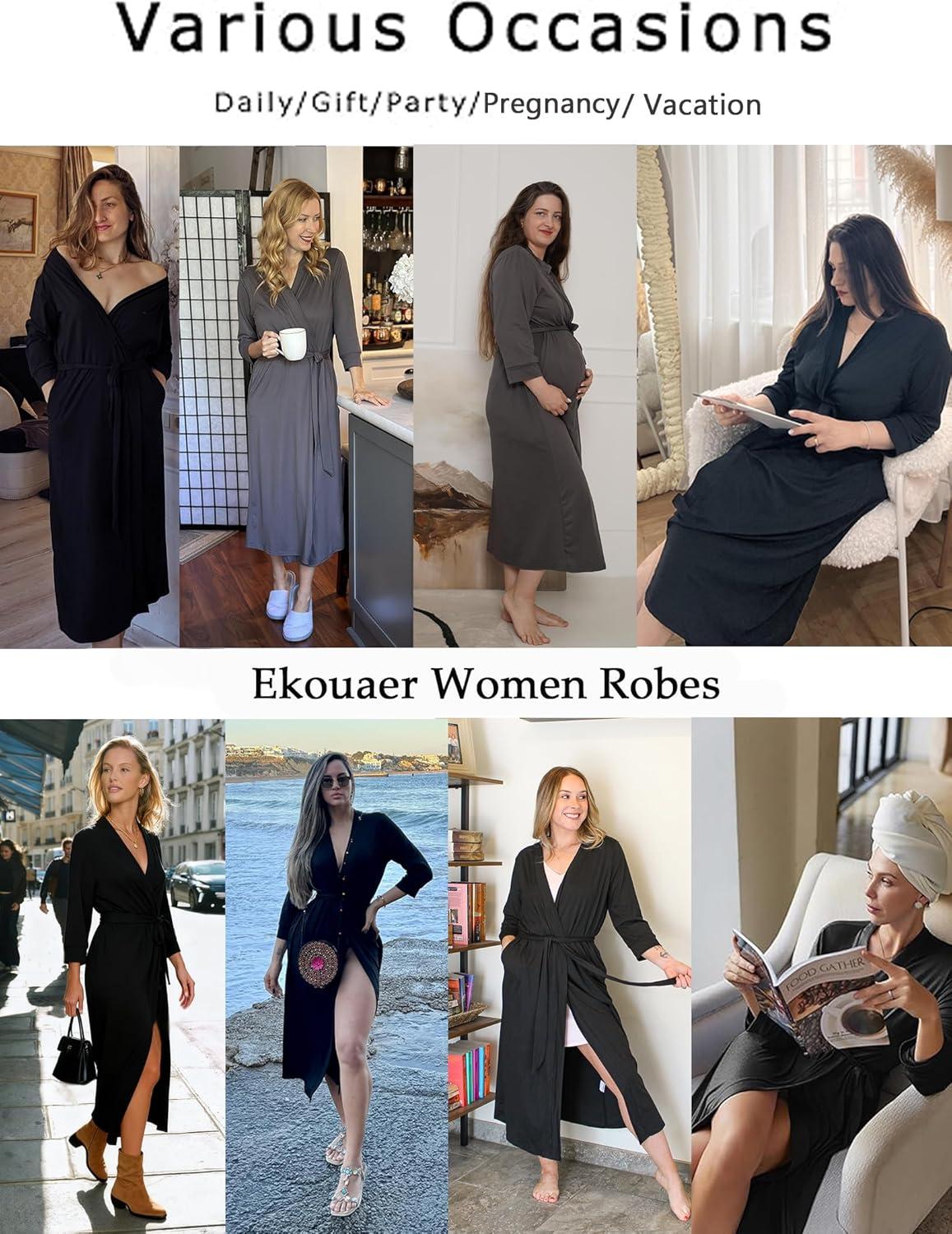 imageEkouaer Women Robes Long Knit Bathrobe Lightweight Soft Kimono Robes Casual Ladies Loungewear with PocketsBlack