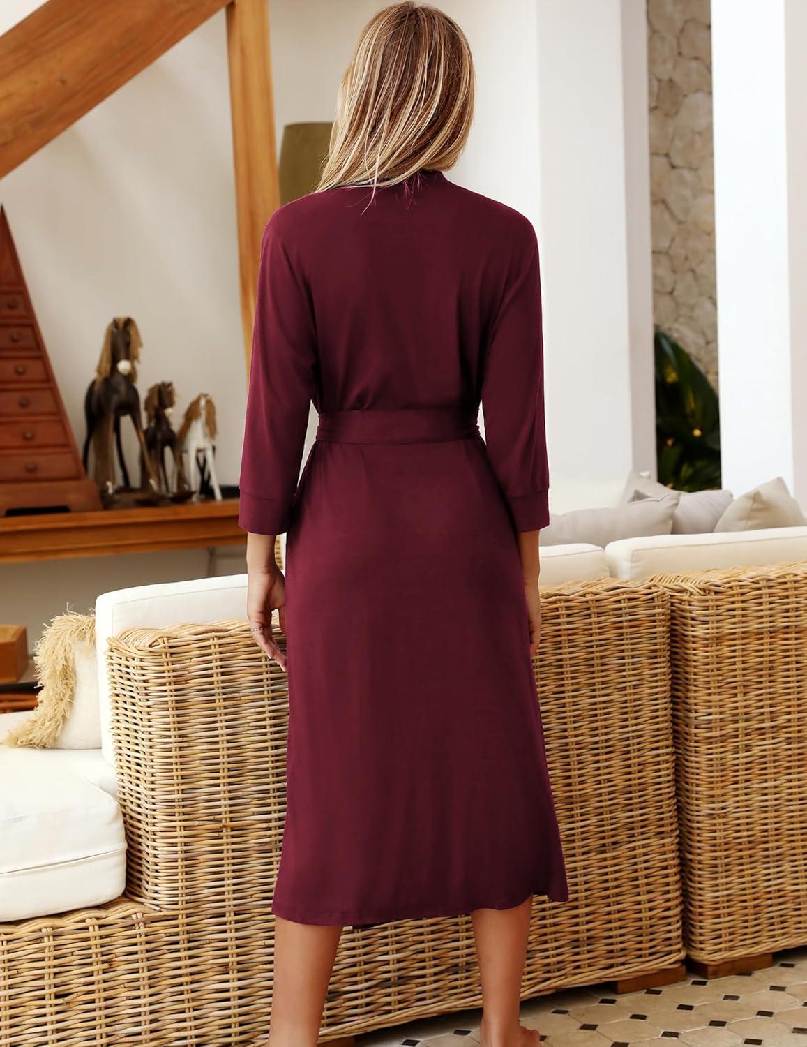imageEkouaer Women Robes Long Knit Bathrobe Lightweight Soft Kimono Robes Casual Ladies Loungewear with PocketsDark Red