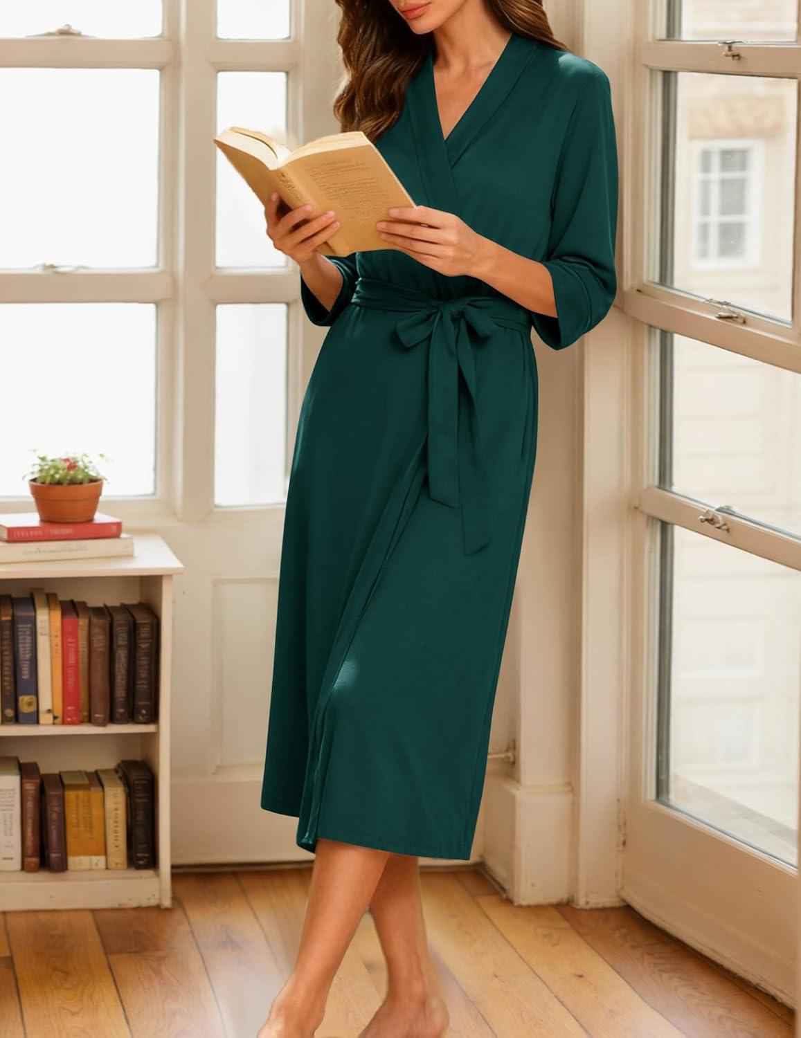 imageEkouaer Women Robes Long Knit Bathrobe Lightweight Soft Kimono Robes Casual Ladies Loungewear with PocketsLake Green