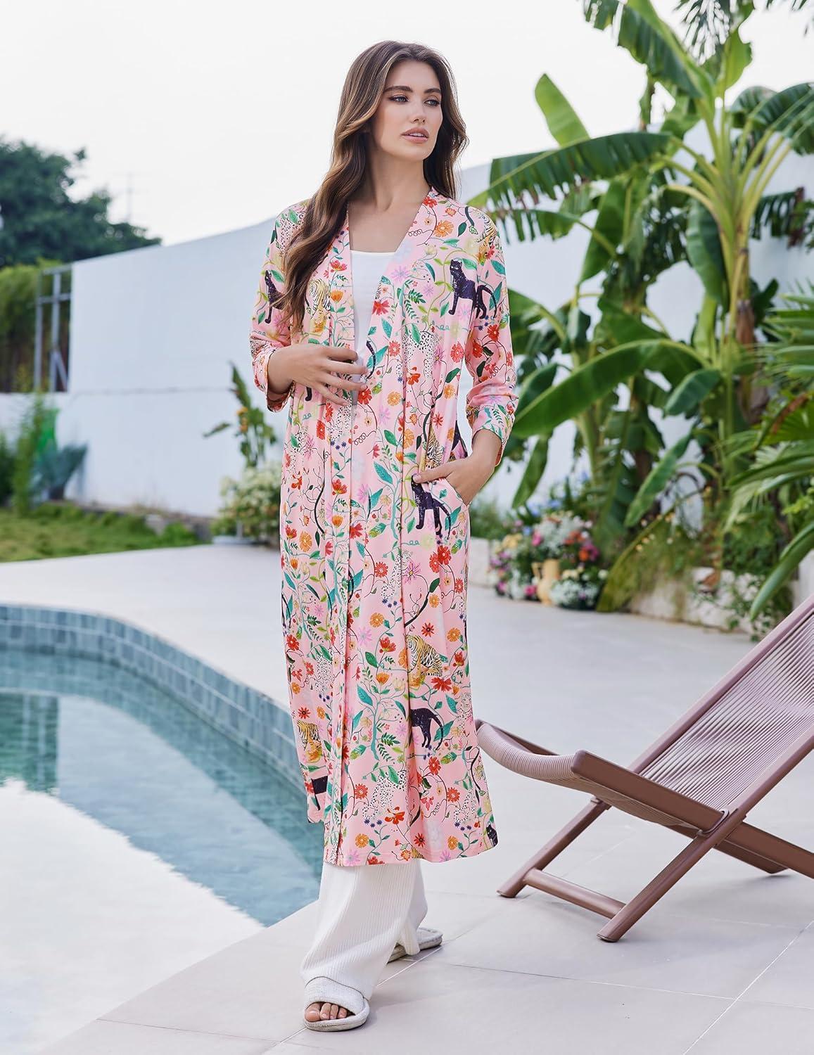 imageEkouaer Women Robes Long Knit Bathrobe Lightweight Soft Kimono Robes Casual Ladies Loungewear with PocketsPink Tiger