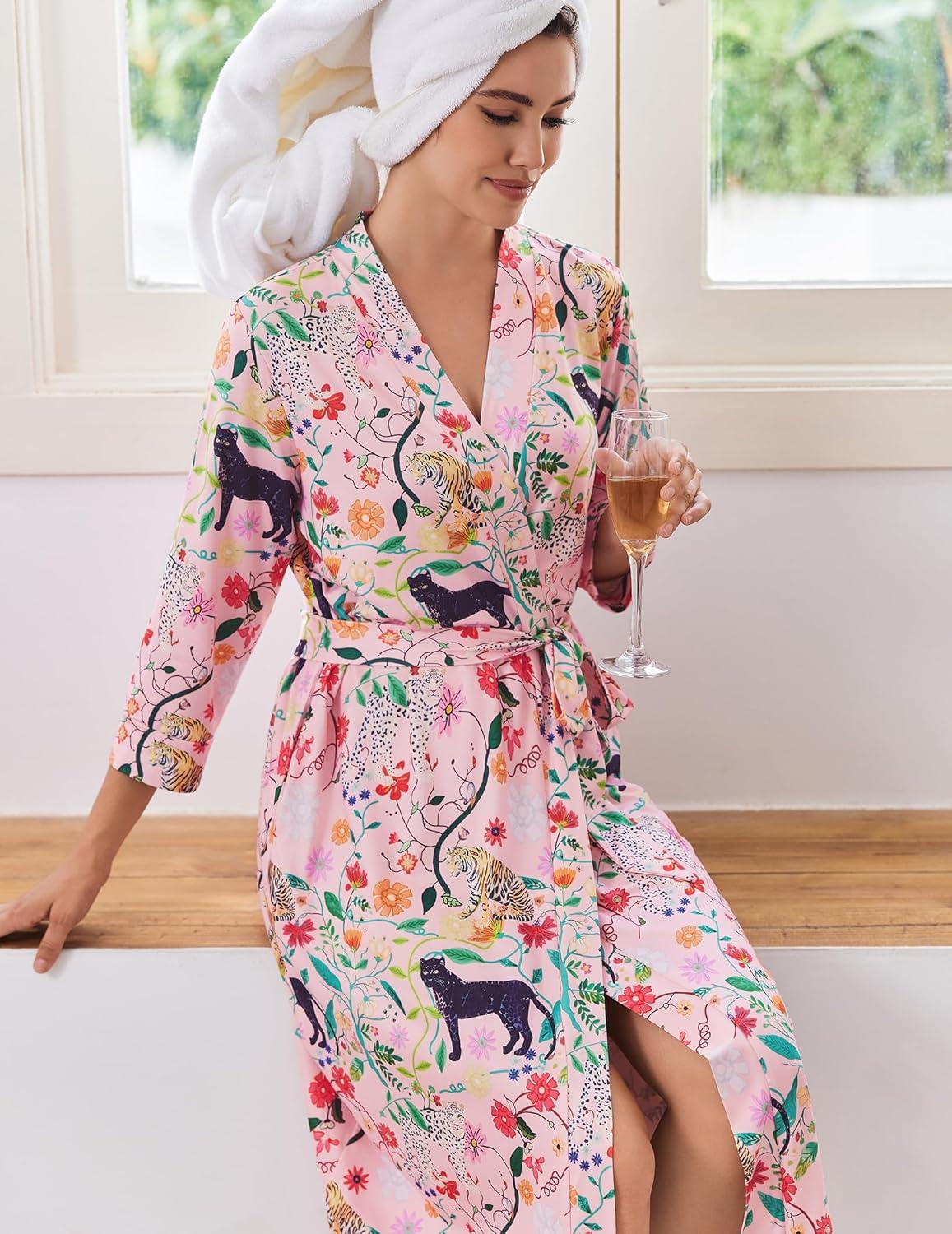 imageEkouaer Women Robes Long Knit Bathrobe Lightweight Soft Kimono Robes Casual Ladies Loungewear with PocketsPink Tiger