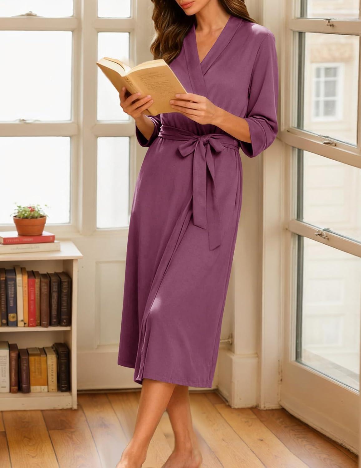 imageEkouaer Women Robes Long Knit Bathrobe Lightweight Soft Kimono Robes Casual Ladies Loungewear with PocketsPurple Red