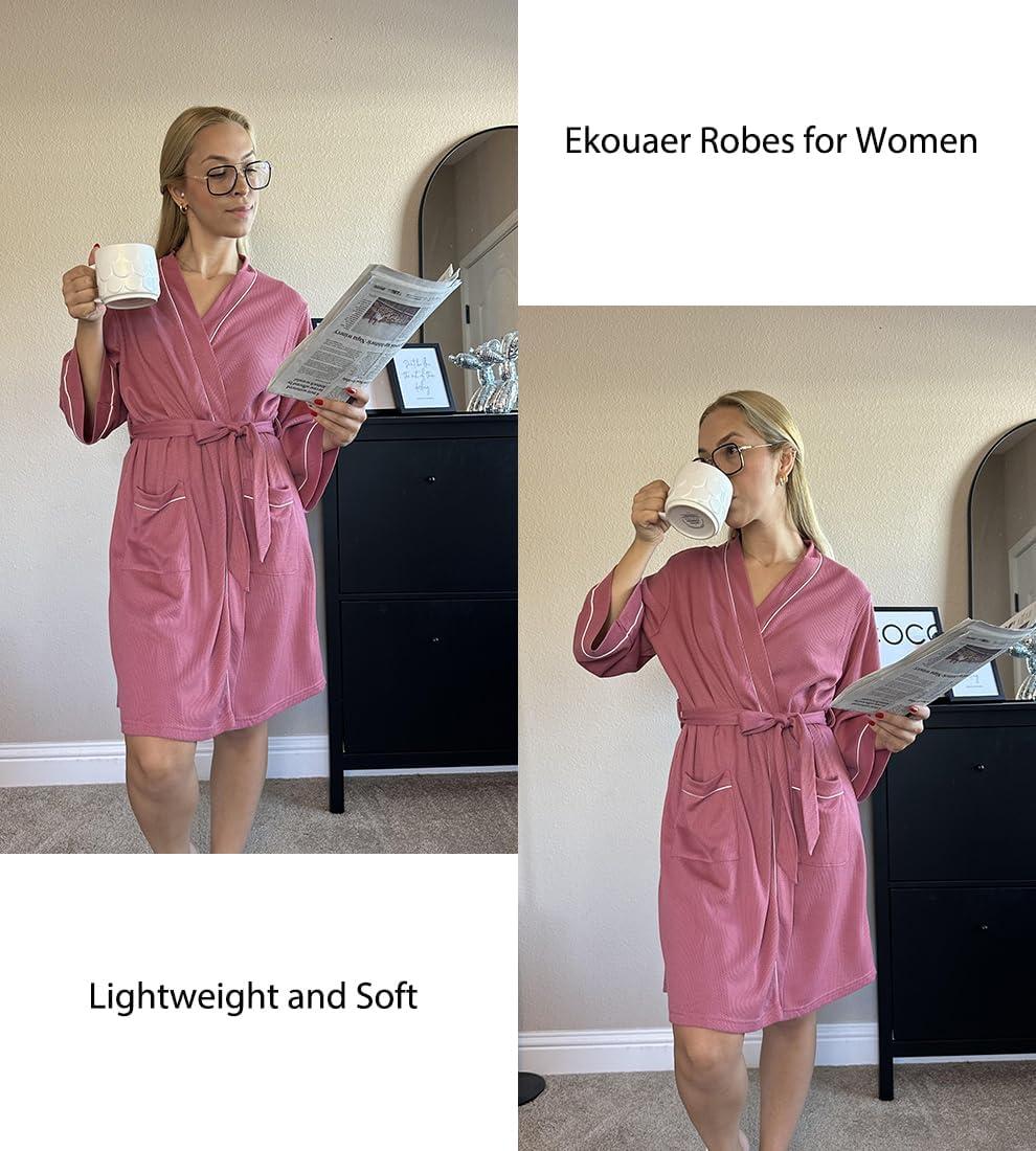 imageEkouaer Women Robes Waffle Knee Length Bathrobe Lightweight Soft Sleepwear V neck 34 Sleeve Casual Ladies Loungewear SXXLGray Purple