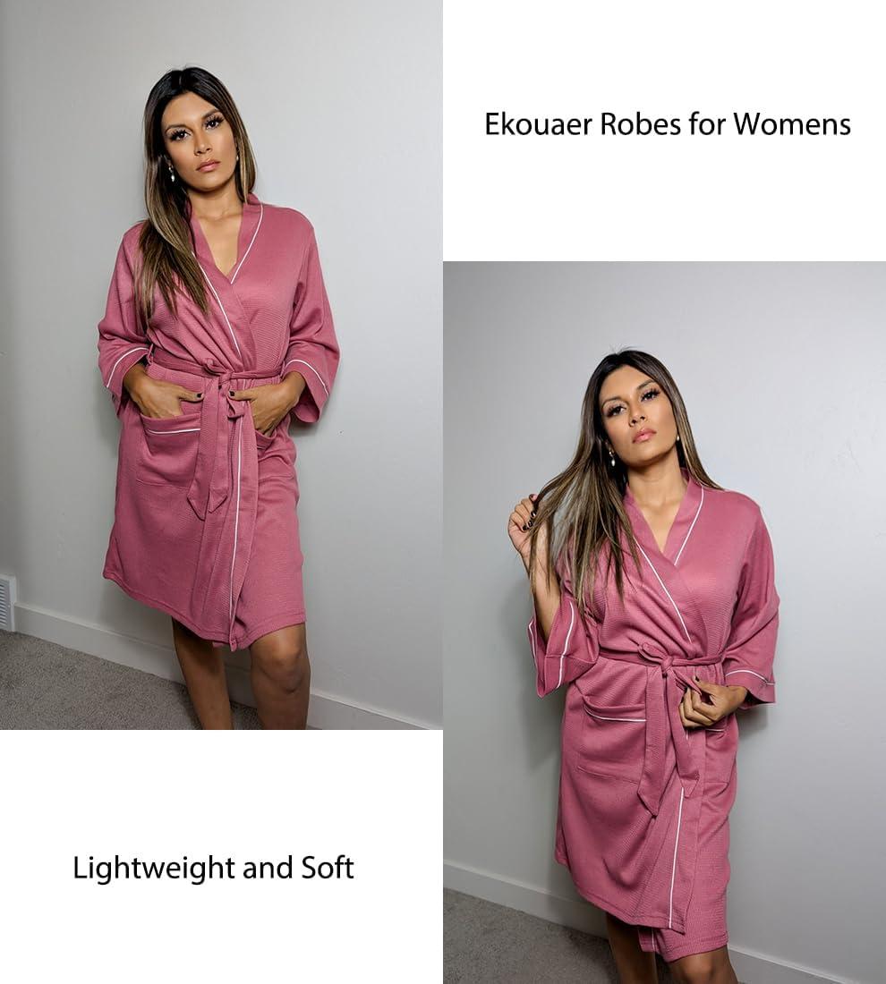 imageEkouaer Women Robes Waffle Knee Length Bathrobe Lightweight Soft Sleepwear V neck 34 Sleeve Casual Ladies Loungewear SXXLGray Purple