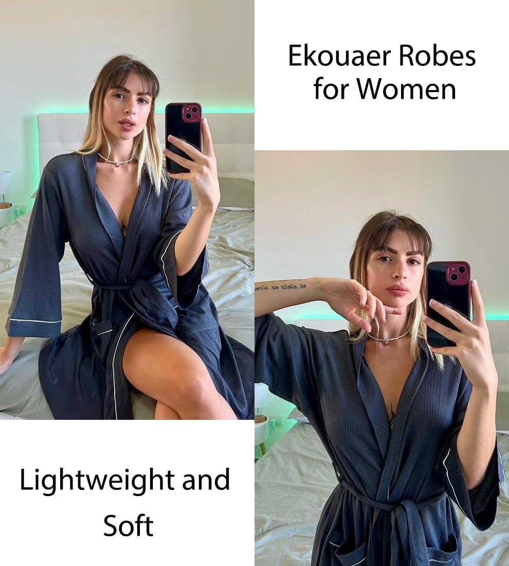 imageEkouaer Women Robes Waffle Knee Length Bathrobe Lightweight Soft Sleepwear V neck 34 Sleeve Casual Ladies Loungewear SXXLNavy Blue