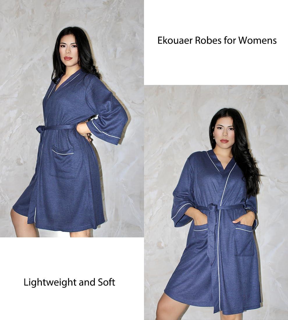 imageEkouaer Women Robes Waffle Knee Length Bathrobe Lightweight Soft Sleepwear V neck 34 Sleeve Casual Ladies Loungewear SXXLNavy Blue