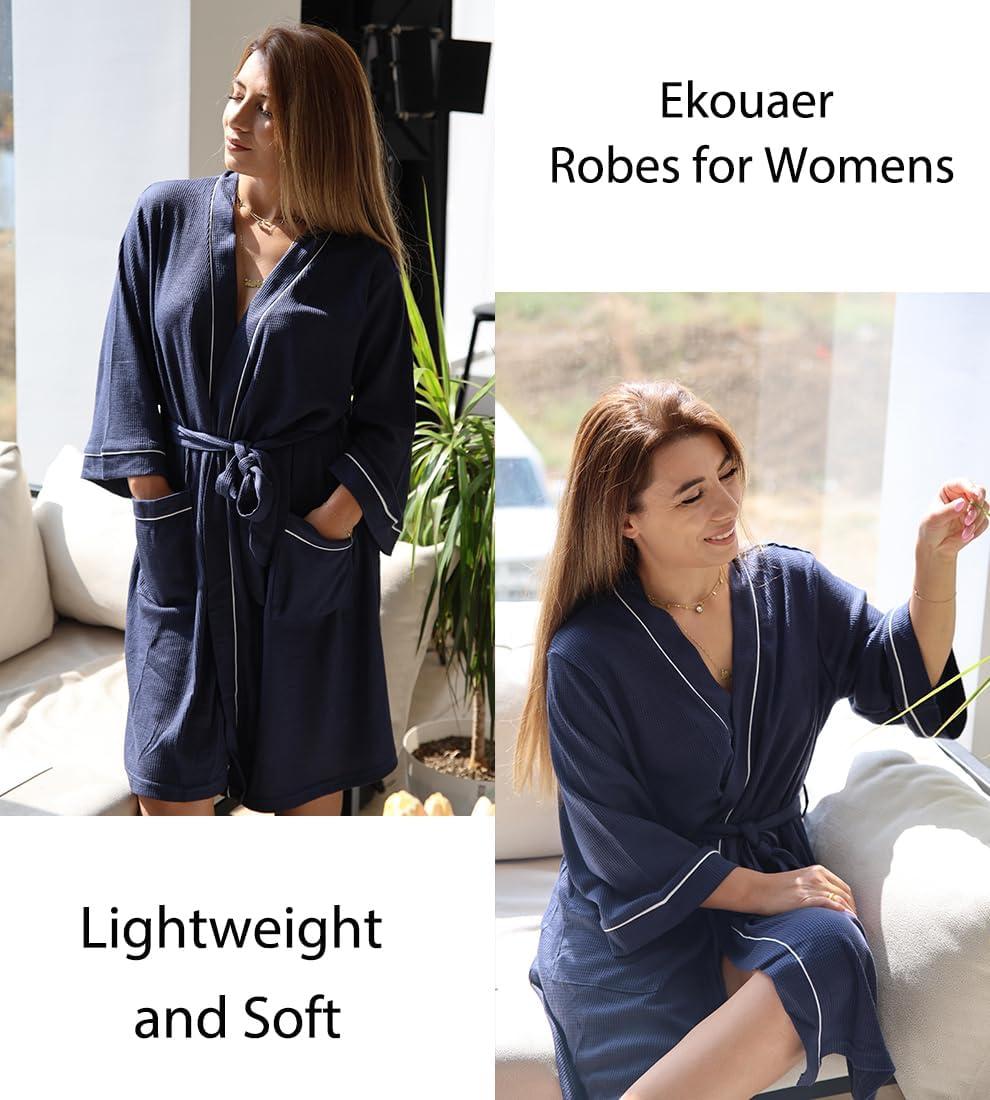 imageEkouaer Women Robes Waffle Knee Length Bathrobe Lightweight Soft Sleepwear V neck 34 Sleeve Casual Ladies Loungewear SXXLNavy Blue